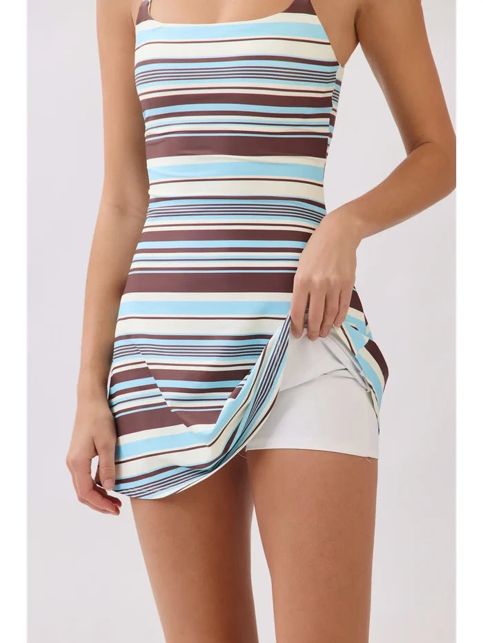 Blue & Brown Stripe Print Athleisure Dress with Built-in Shorts