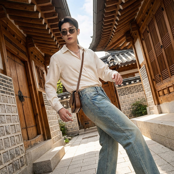 Jean droit bleu ample pour homme - Mode K-fashion décontractée