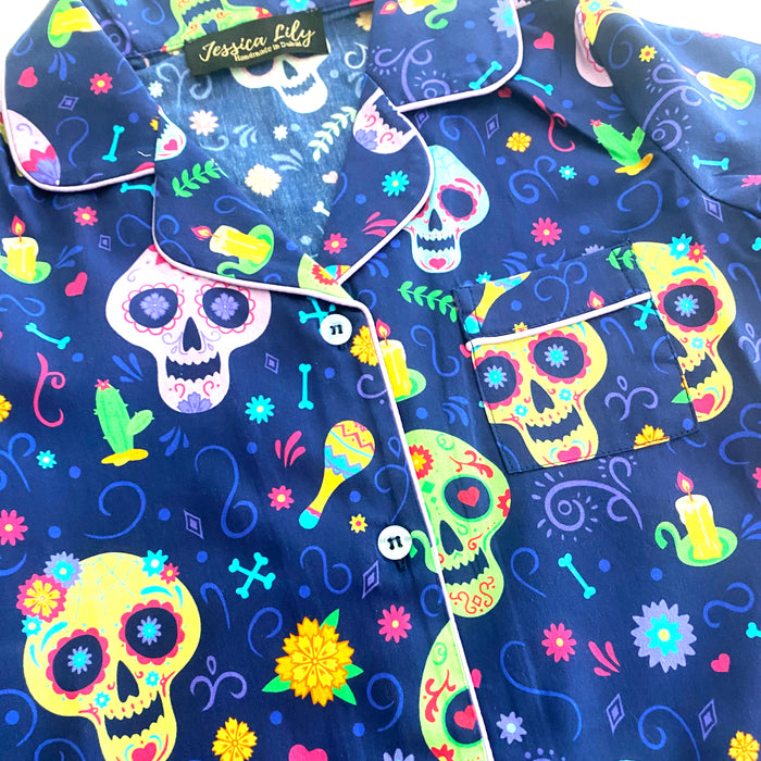 Blue Sugar Skull Pyjama set with elastic bottoms