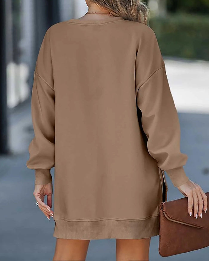 Casual Long Sleeve Zipper Slit Oversized Sweatshirt