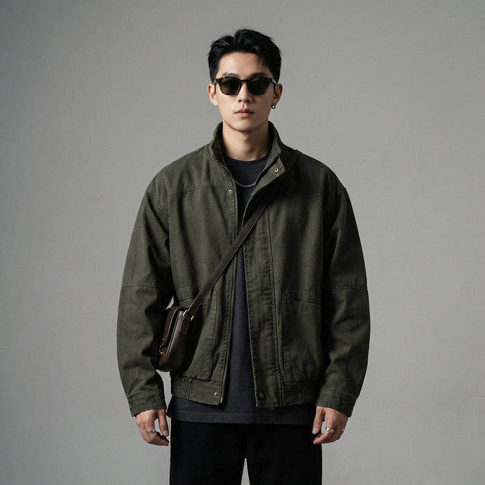 Veste cargo homme vert armée, col montant, style streetwear coréen - Taille M