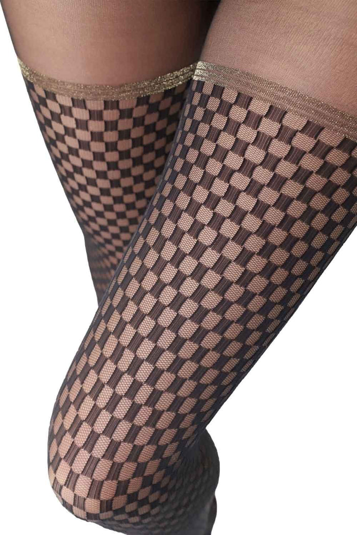 Checked lace tights worn by a person on a white background