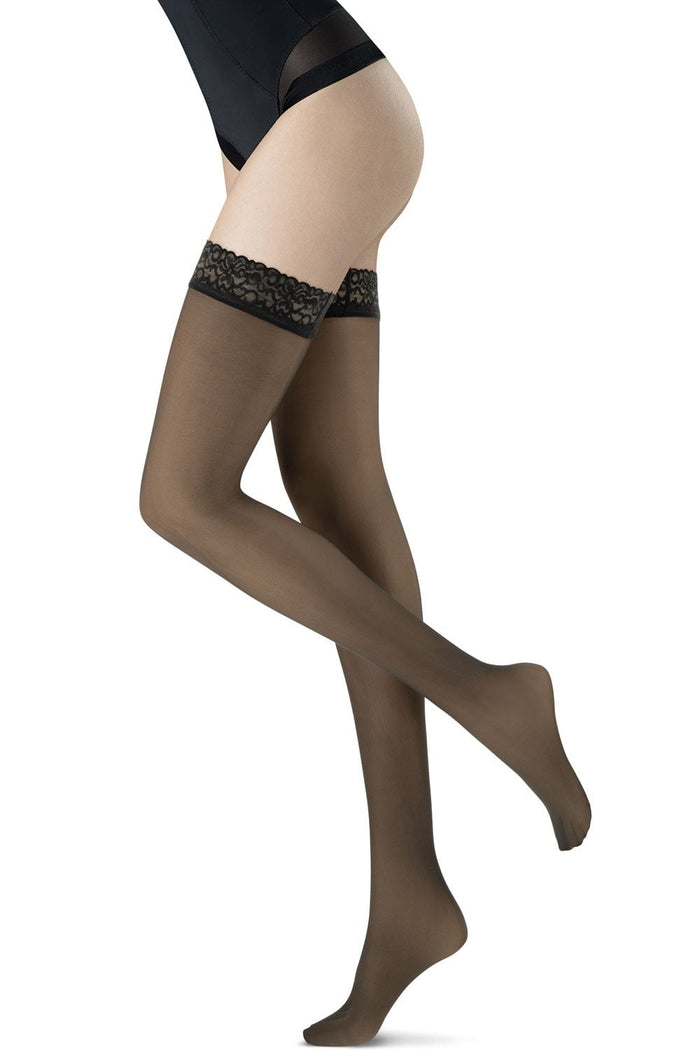 Oroblu 30 denier hold ups with lace top on a white background