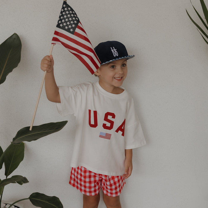 A happy child wears the forever french baby Child Cotton Tee | USA, paired with red checkered shorts and a blue cap, holding an American flag. They stand by green plants against a white wall—perfect for matching family outfits!.