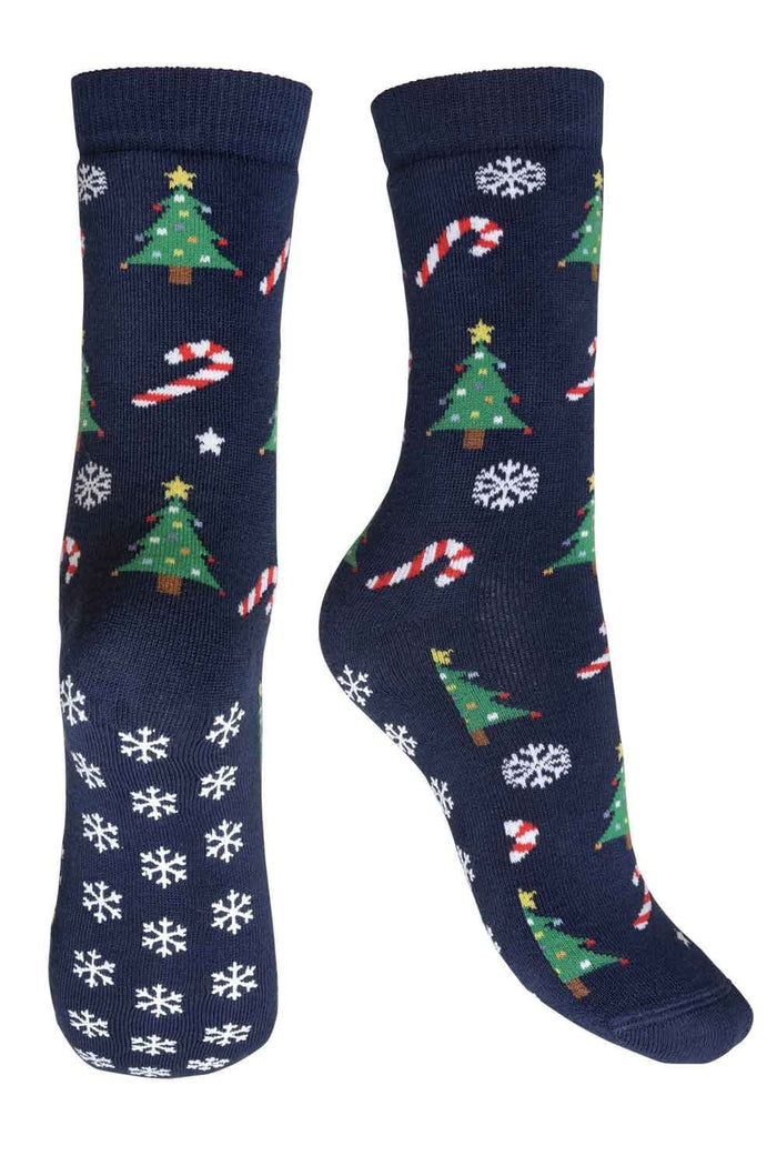 Navy blue socks with Christmas tree, candy cane, and snowflake patterns on a white background