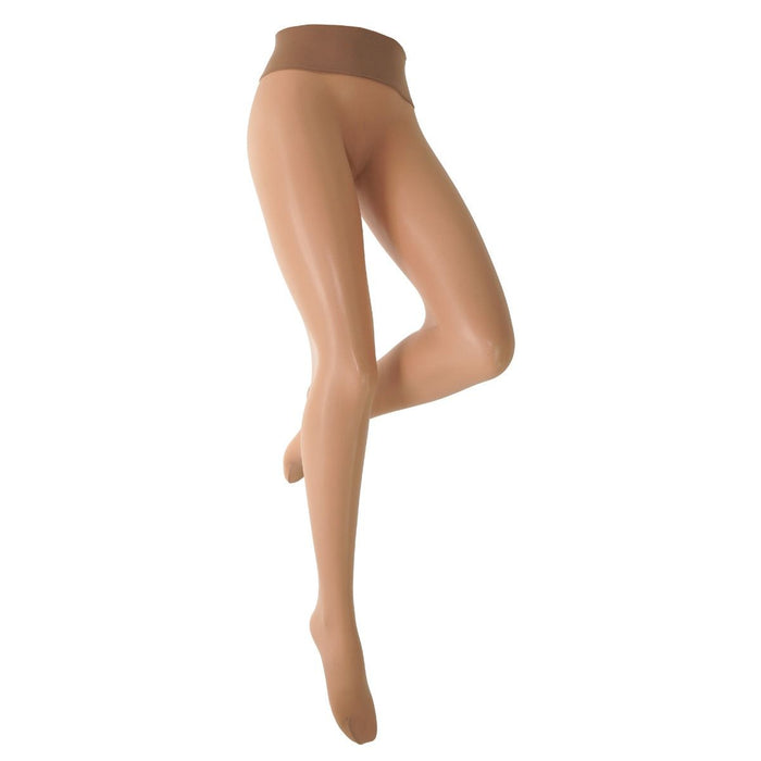 Cosmetic seamless tights worn by a mannequin leg on a white background