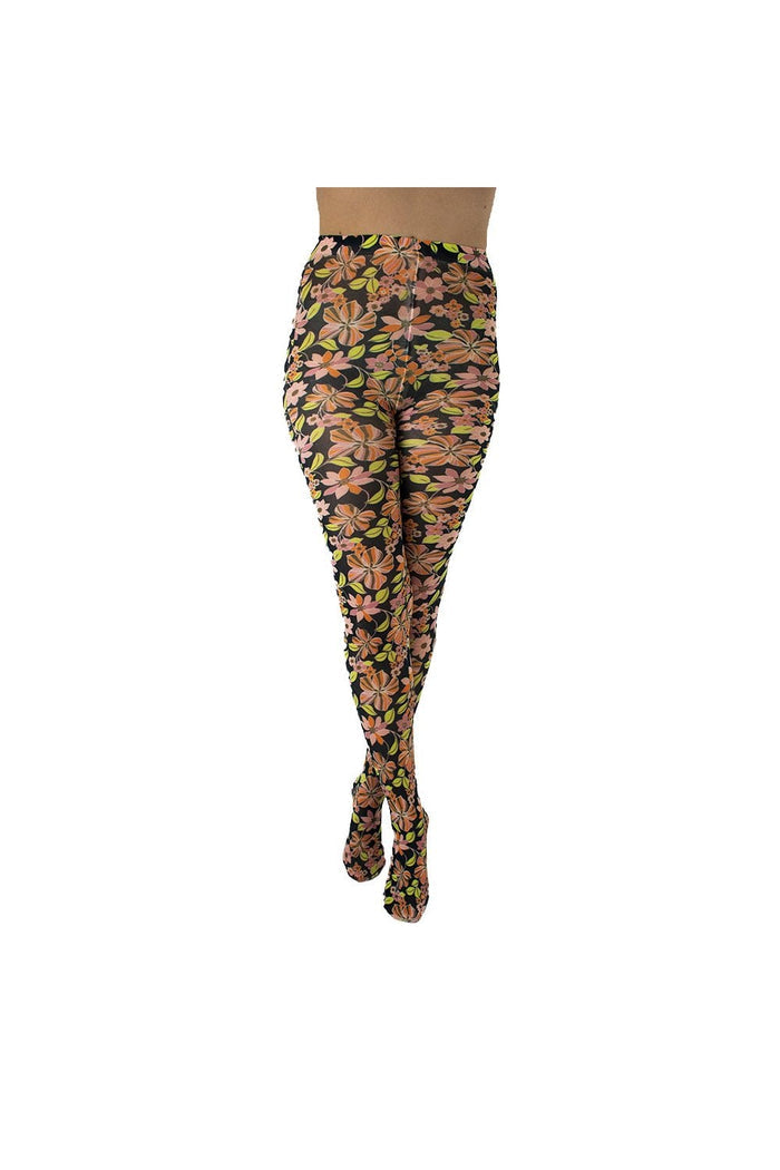 Coloured pop floral patterned tights on a white background