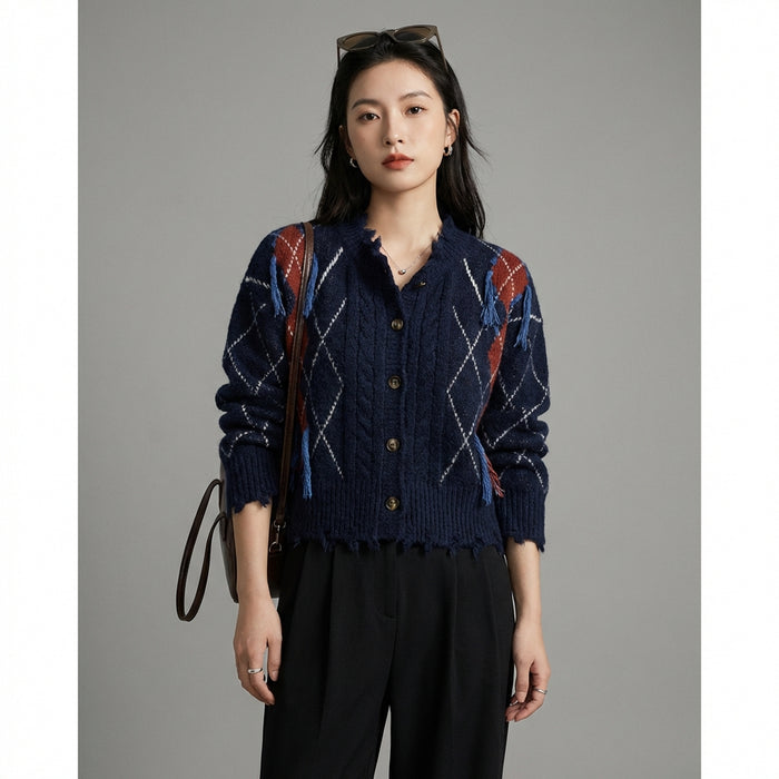 Cardigan tricoté femme motif diamant contrasté - K-fashion - Taille one size