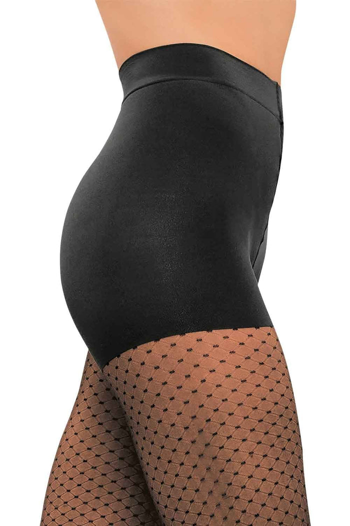 Black tights with dot pattern worn by a model on a white background