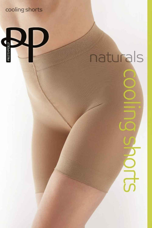 Beige cooling shorts with brand logo on a white background