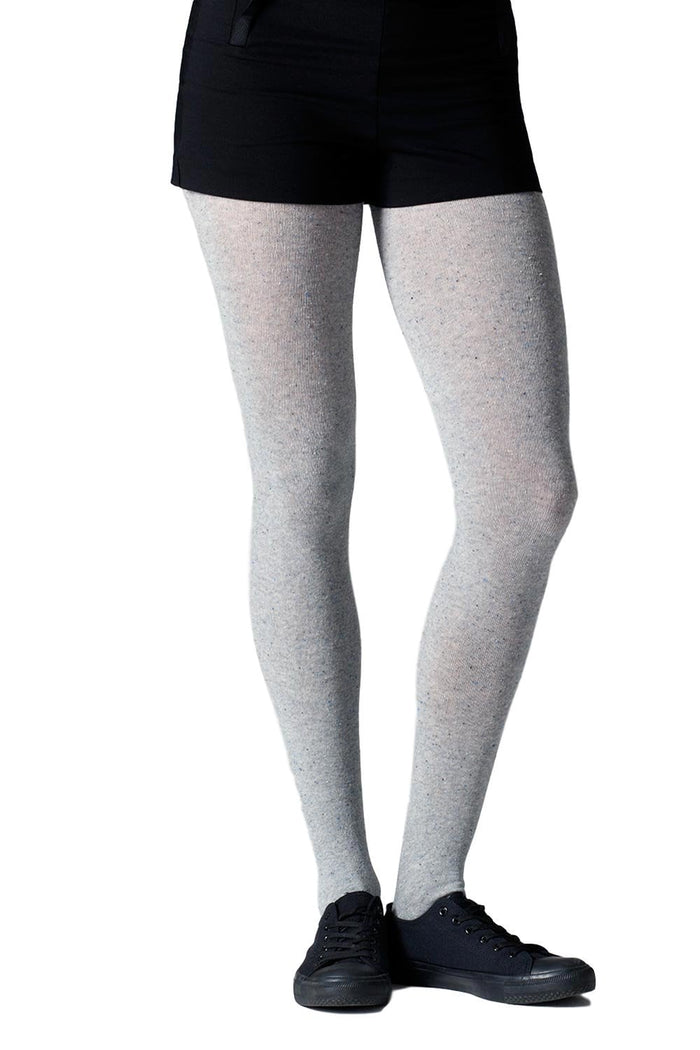 Model  wearing black shorts and grey speckled tights on a white background