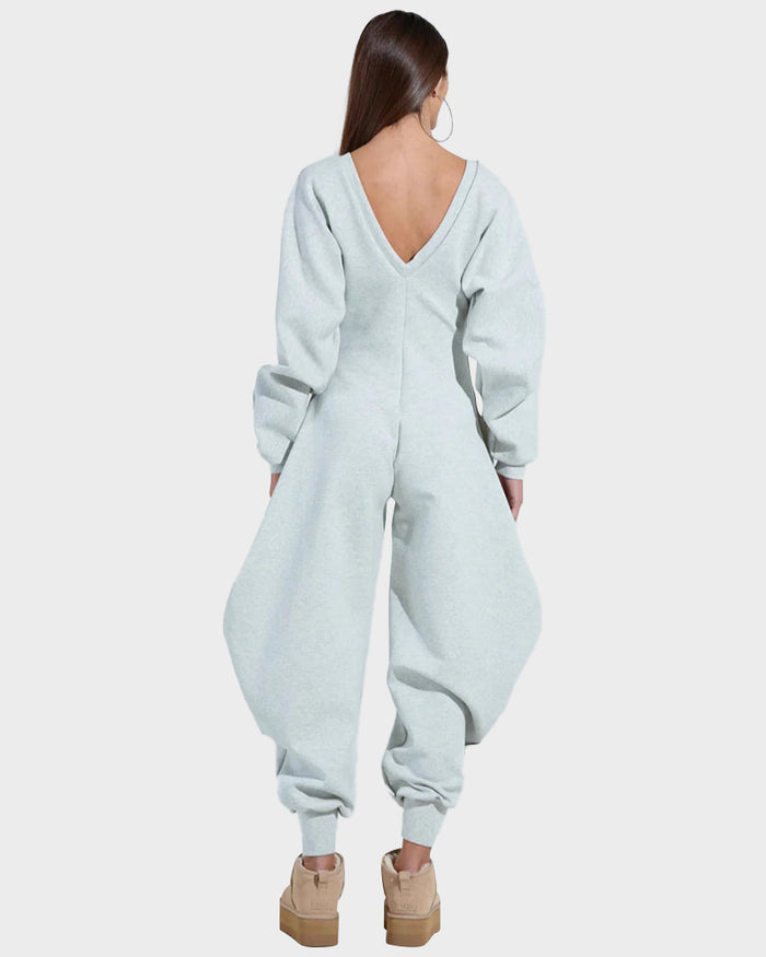 Cozy Deep V Sweatshirt Jumpsuit