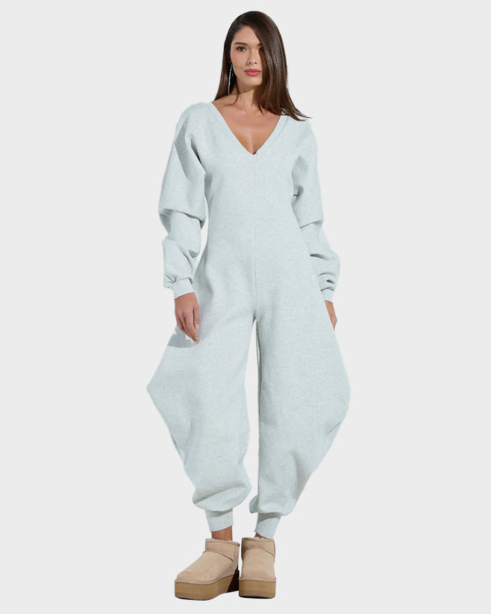 Cozy Deep V Sweatshirt Jumpsuit