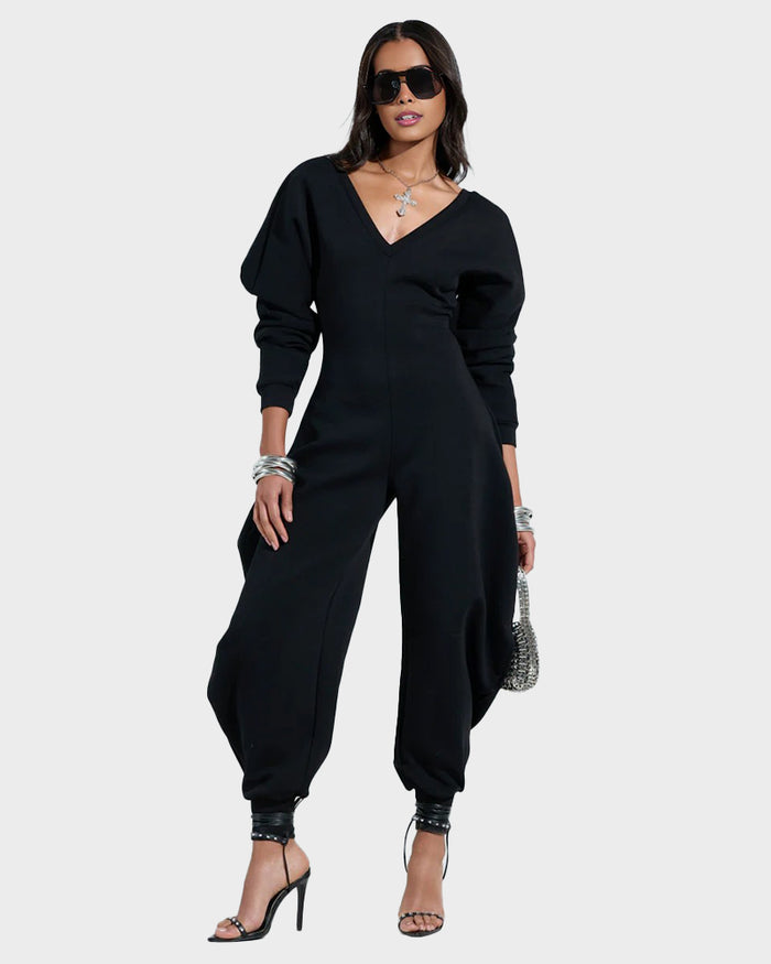 Cozy Deep V Sweatshirt Jumpsuit