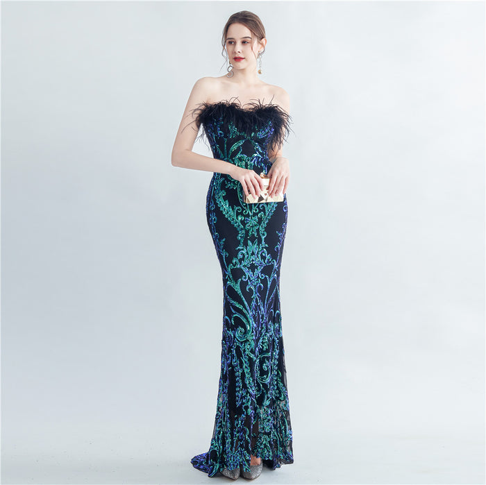 Craft Order Ostrich Feather High End Tube Top Evening Dress
