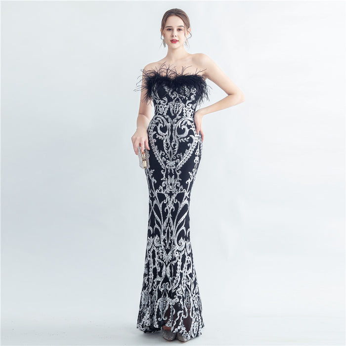 Craft Order Ostrich Feather High End Tube Top Evening Dress