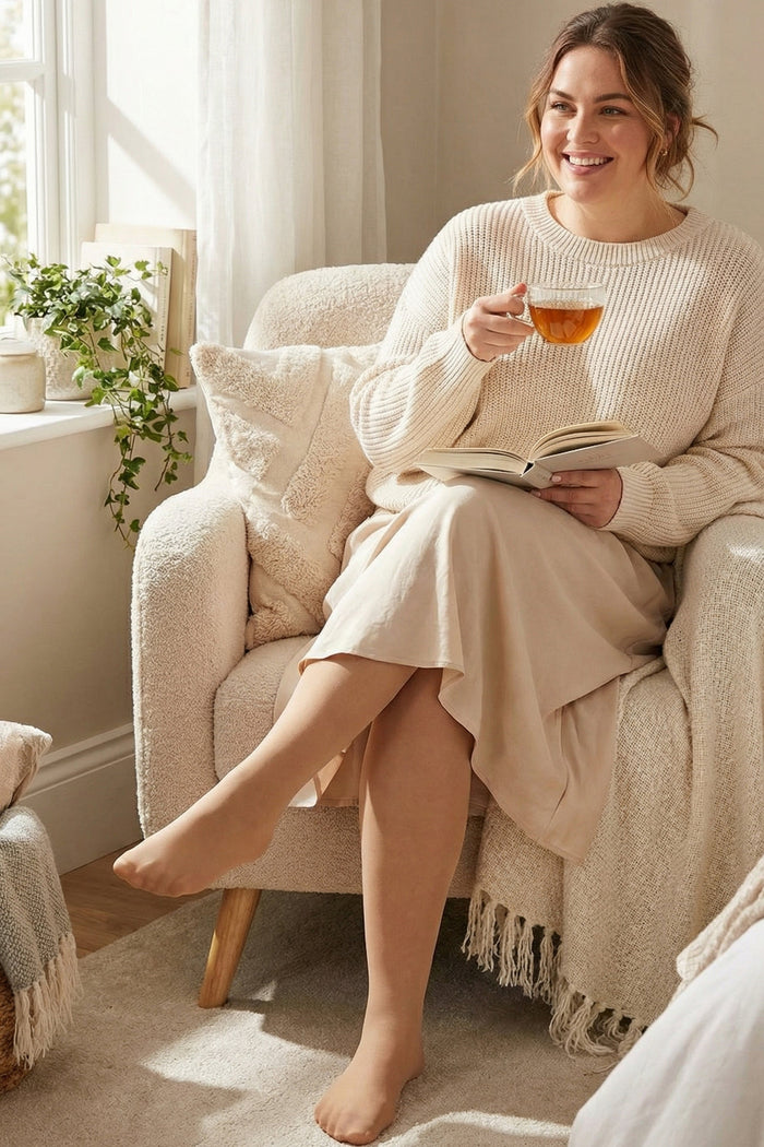 Woman sitting on an armchair in a beige outfit with tights