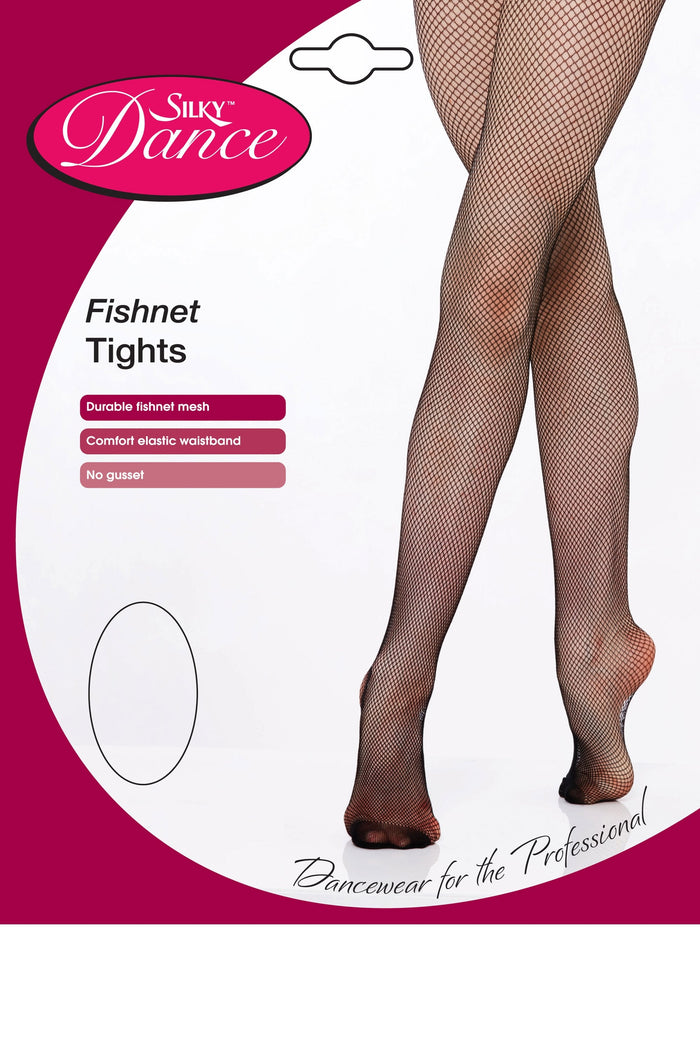 Silky Dance fishnet tights packaging with a person wearing the tights.