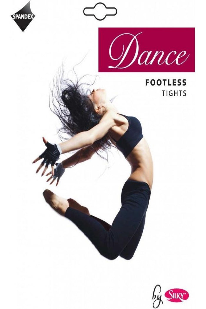 Dance footless tights advertisement with a dancer in mid-air, featuring the brand 'Silky'.