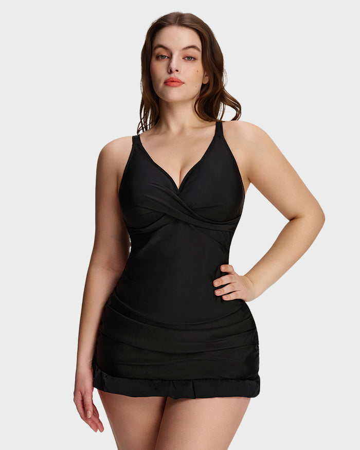 Deep V Cross-Back Ruched One-Piece Swimsuit