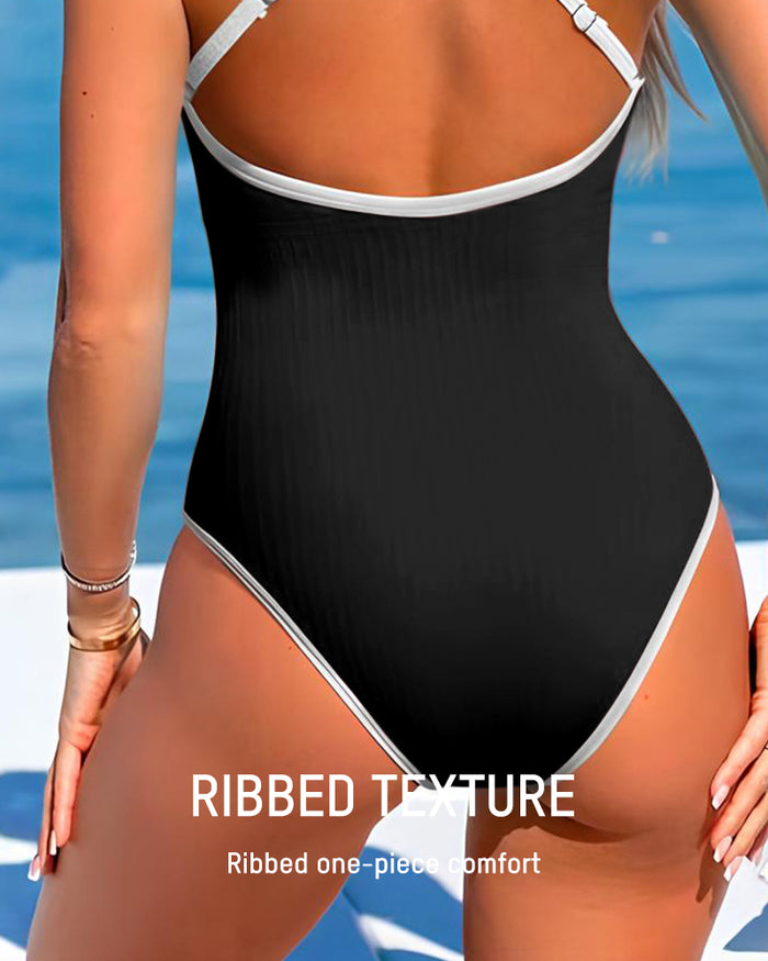Deep V Ribbed Cross Back One-Piece Swimsuit