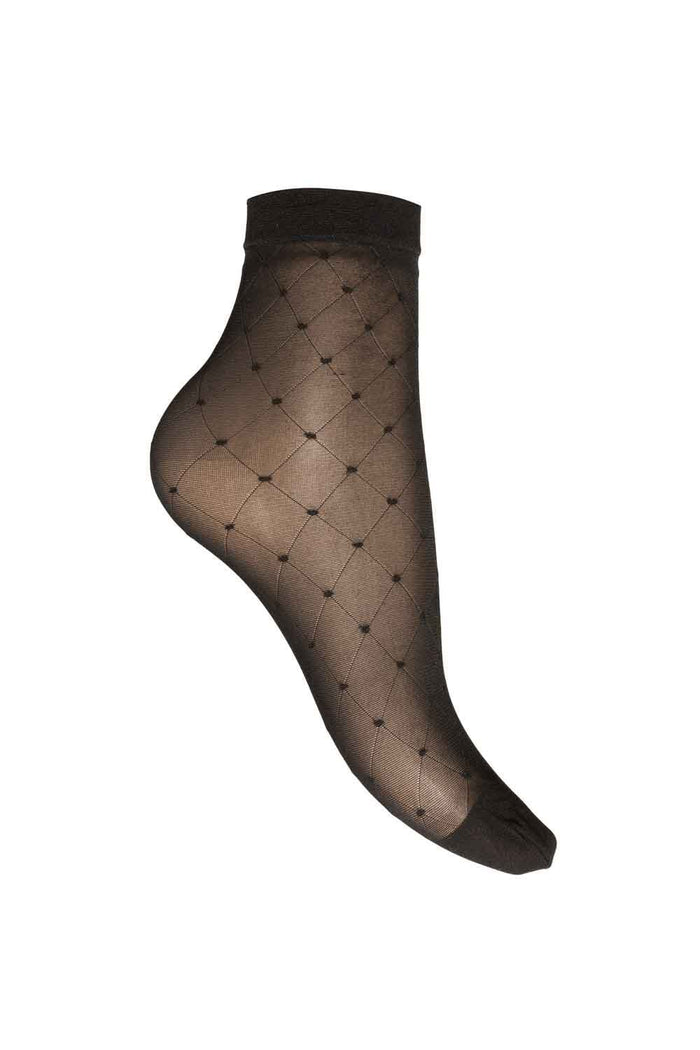 Black diamond patterned charnos anklet socks on a white background