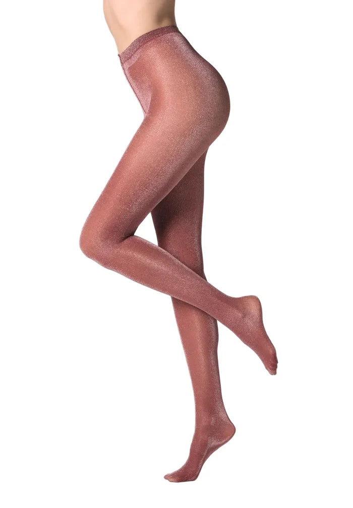 Red sparkly  tights worn by a model on a white background