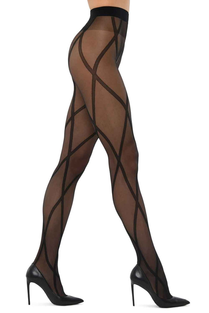 Black sheer tights with geometric pattern worn by a model on a white background