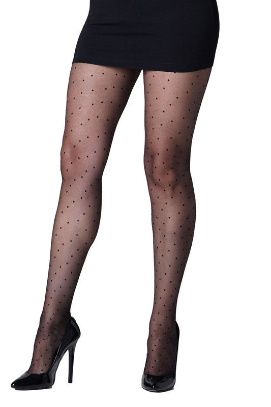 Black polka dot mesh plus size  tights worn with a black skirt and high heels on a white background