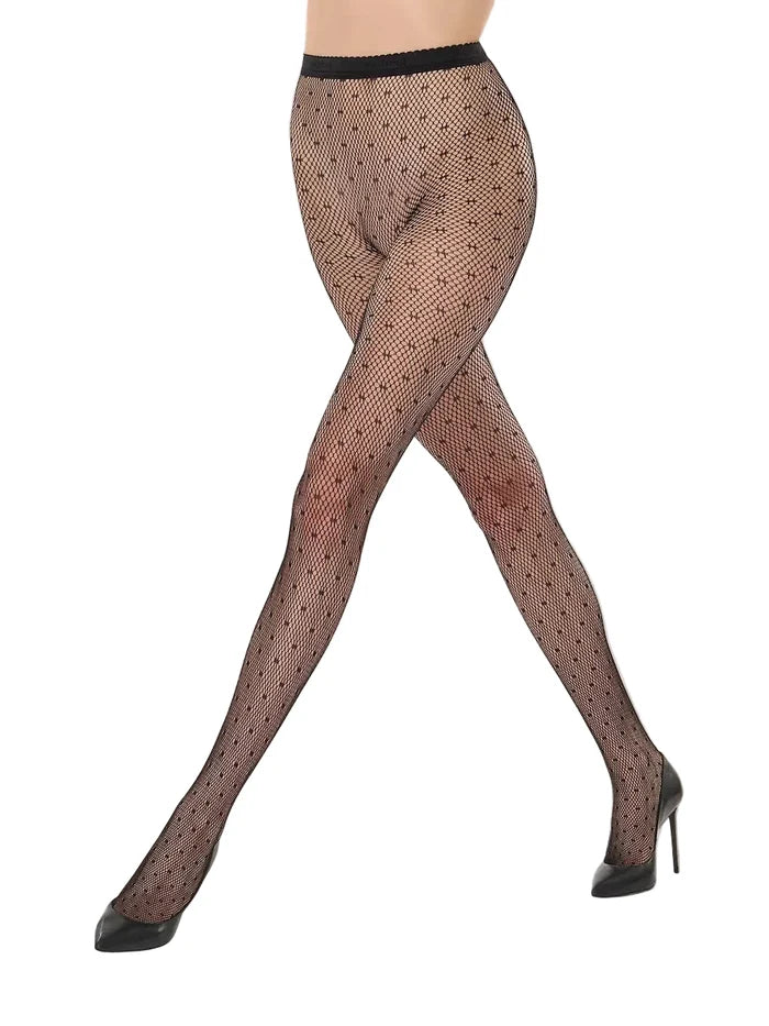 Black Wolford polka dot knitted tights on a white background