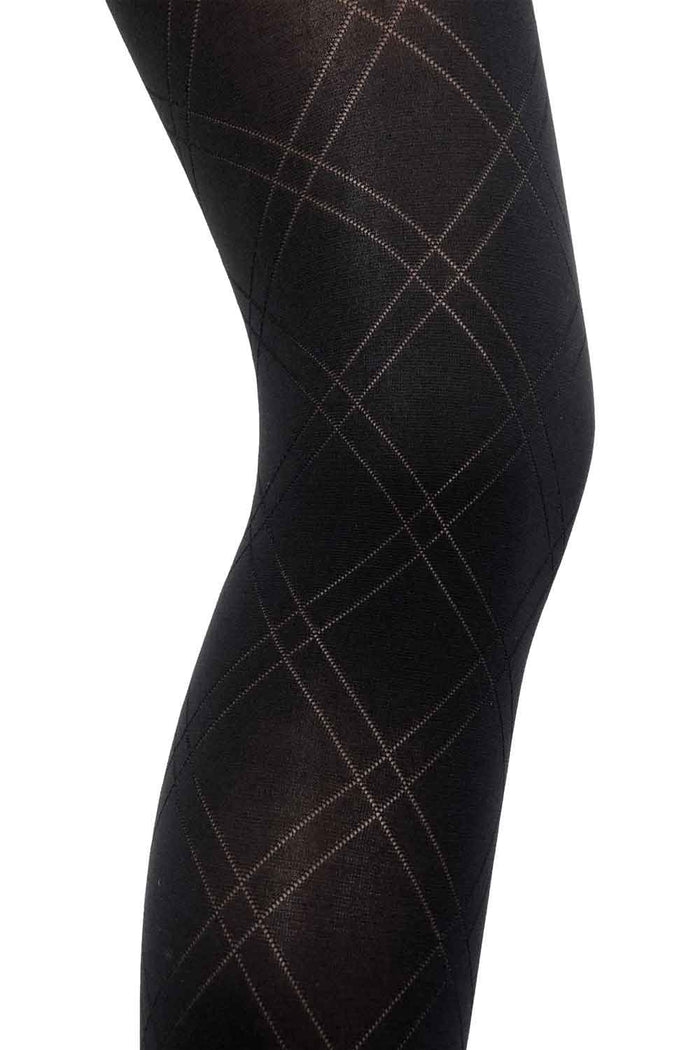 Black tights with a diamond pattern on a white background