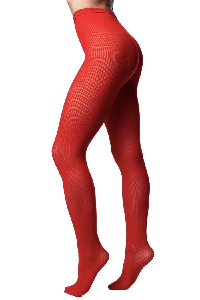 Red  ribbed mesh tights worn by a person on a white background