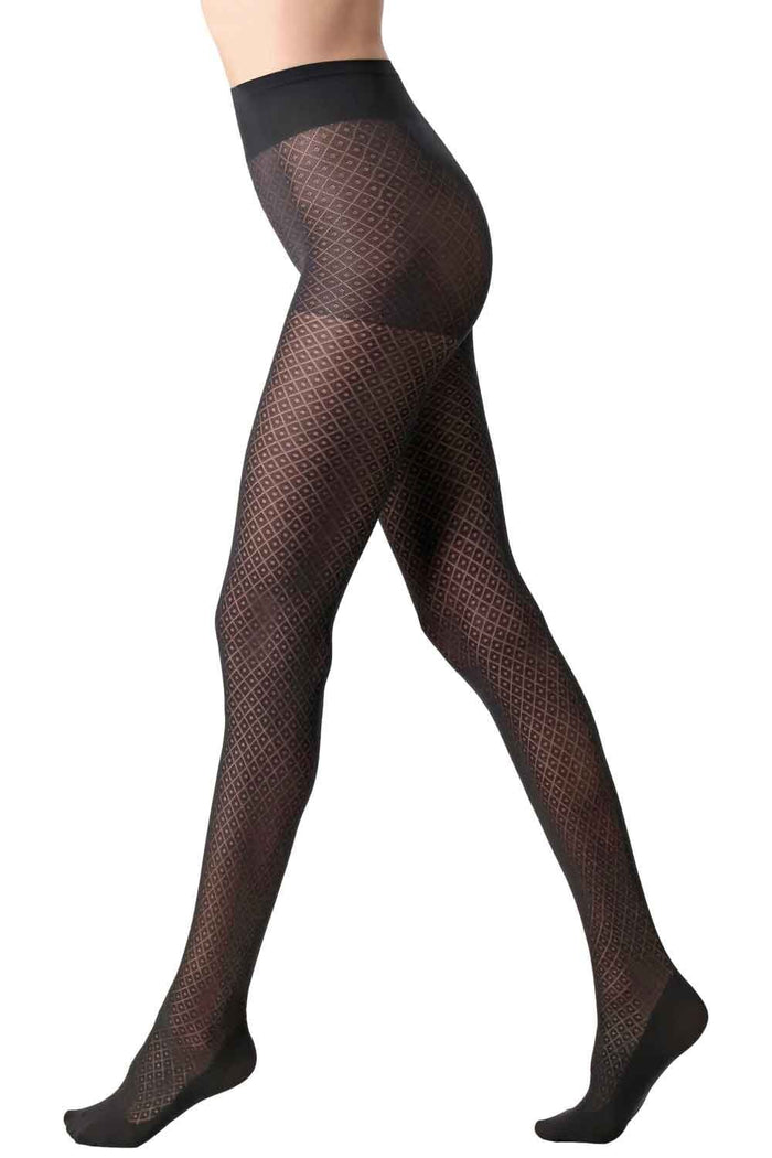 Black eco patterned tights worn by a person on a white background