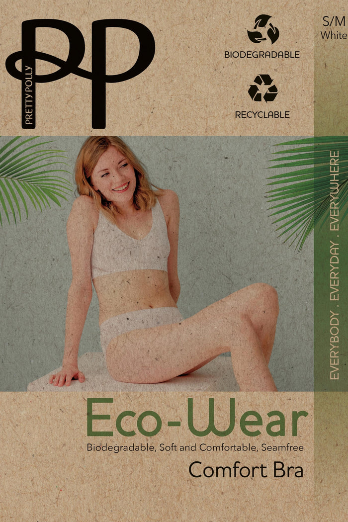 Eco-Wear comfort bra packaging with a model wearing the bra, featuring biodegradable and recyclable text.