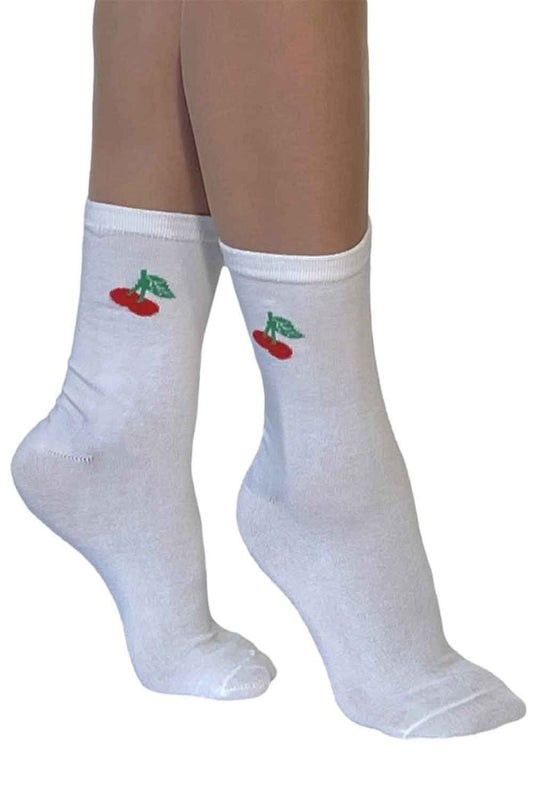 White socks with cherry designs on a white background