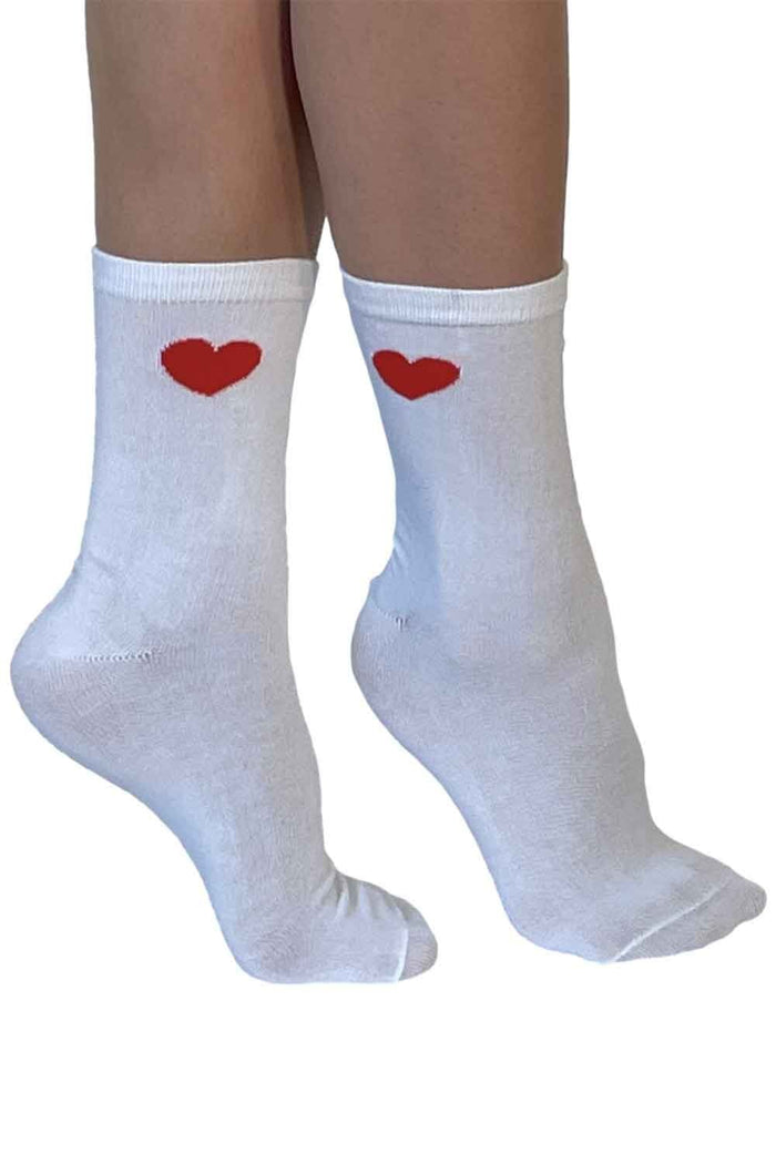 White socks with red hearts on a white background