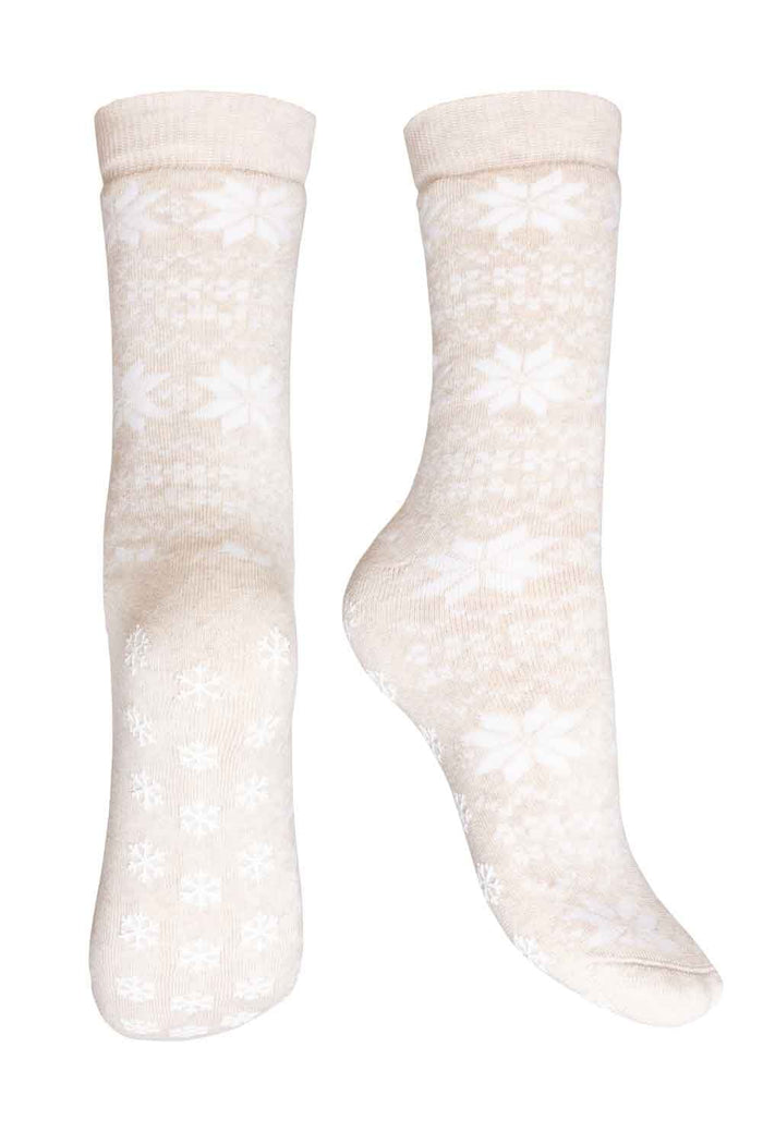 Pair of cream-colored socks with a subtle pattern on a white background