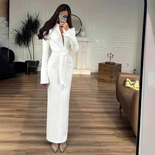 Fall Women Clothing Solid Color Collared Waist Tight Slim Fit Lace up Long Sleeve Zipper Dress
