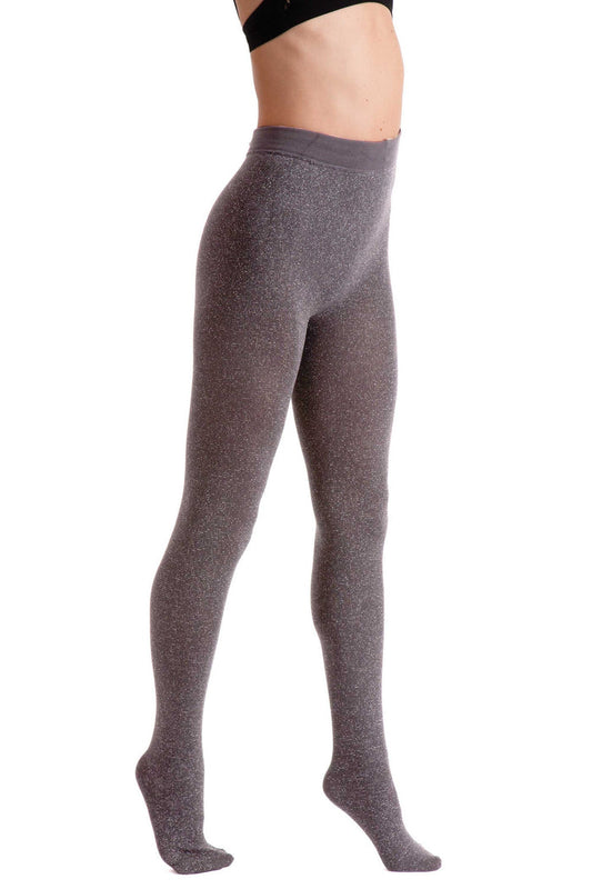 Gray fleece tights worn by a person on a white background