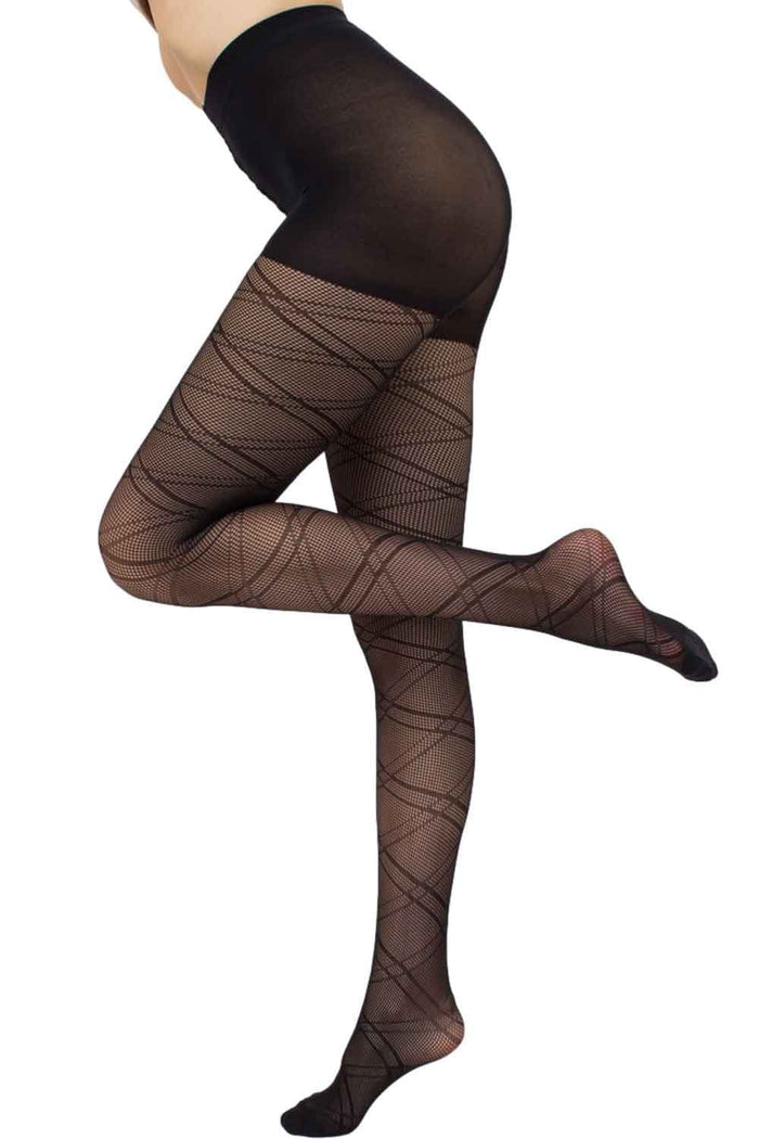 Giulia fashion net pattrned black tights worn by a person on a white background