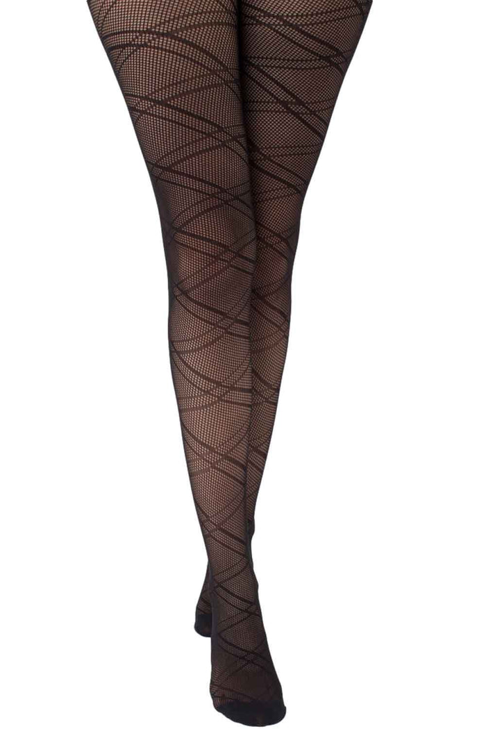Black fashion net 40 patterned tights with crisscross pattern on a white background
