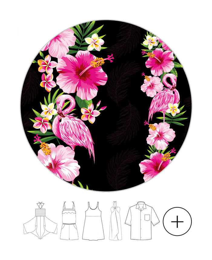 Father Daughter Set in Pink Hibiscus Vine Black