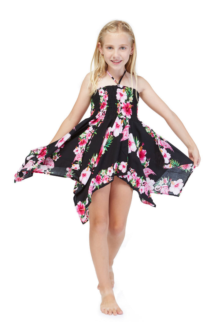 Father Daughter Set in Pink Hibiscus Vine Black