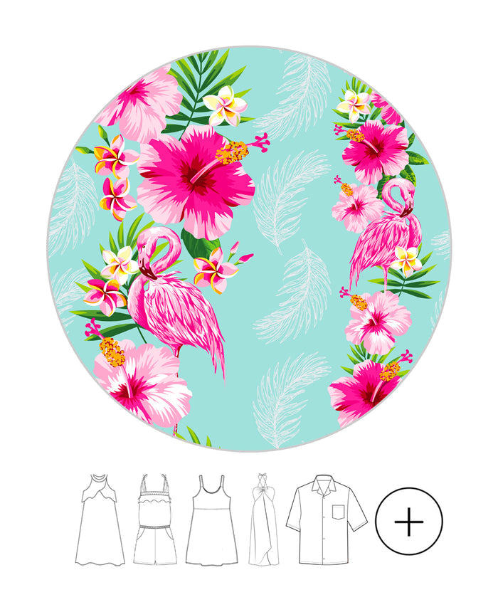 Father Daughter Set in Pink Hibiscus Vine Turquoise