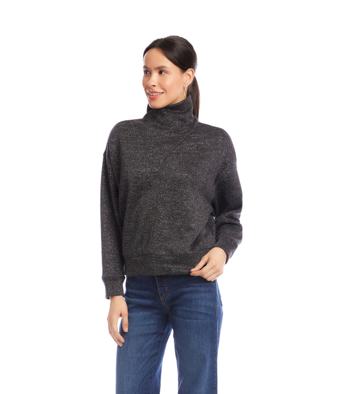 Faux Wrap Turtleneck Top - Black w/ Silver