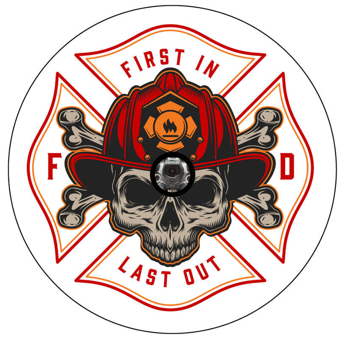 Firefighter insignia with the saying first in last out with a skull and cross bones wearing a fireman's hat helmet to be printed on white vinyl with back up camera