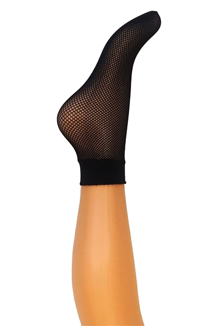 Black fishnet ankle sock worn by a model on a white background