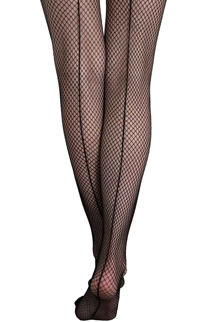 Black fishnet back seamed  tights by Allana, worn by a model on a white background
