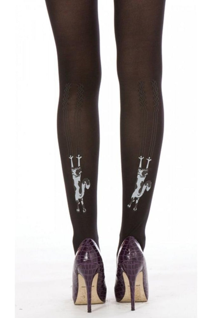 Black flocked climbing cat tights worn by a person, paired with purple high-heeled shoes on a white background.