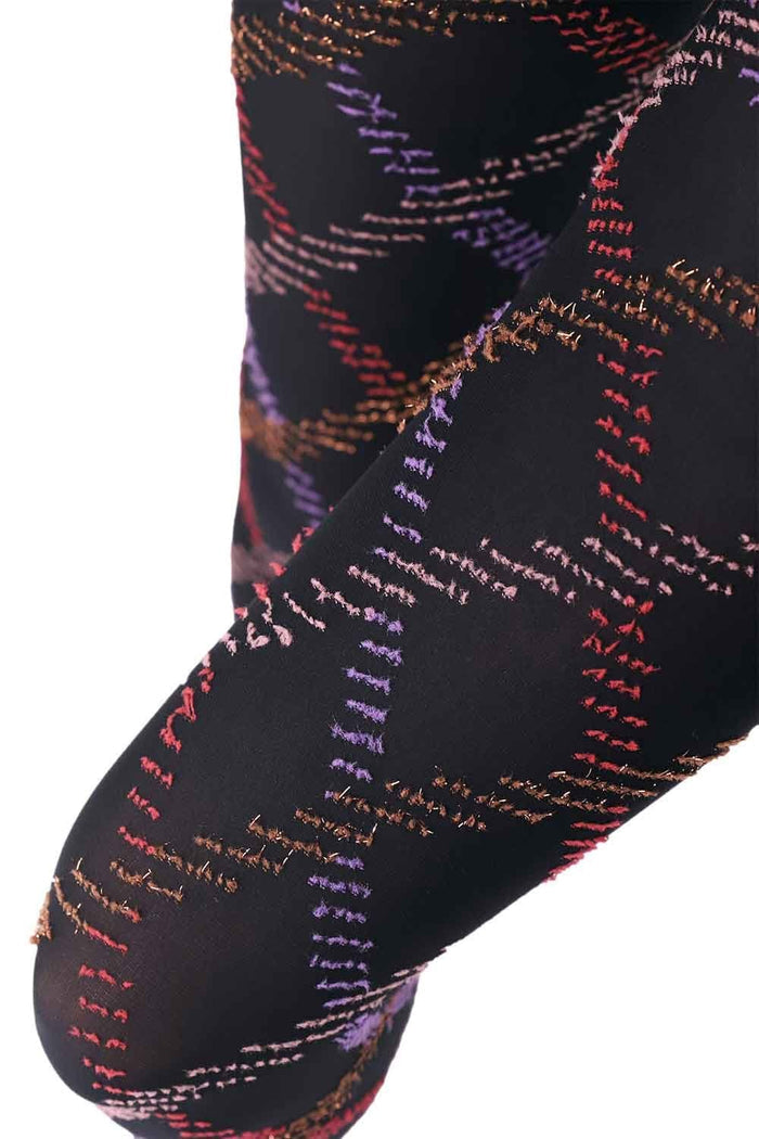Black/violet tartan patterned tights  on a white background